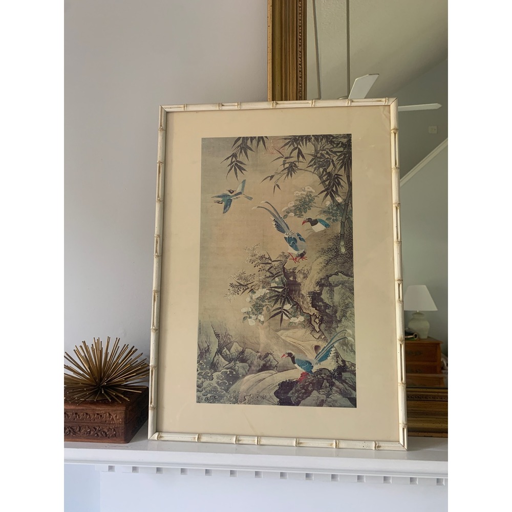 Vintage Chinoiserie Bird Bamboo Print White Faux Bamboo Frame Hollywood Regency